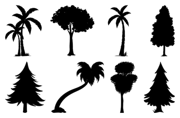 Vector gratuito conjunto, de, planta, y, árbol, silueta