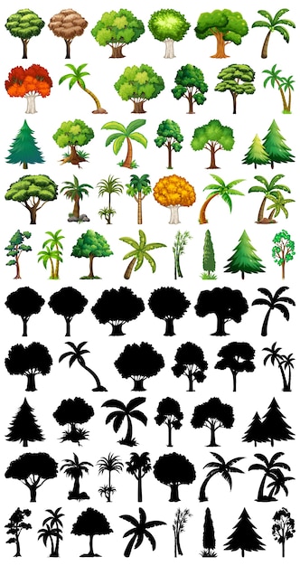 Vector gratuito conjunto de planta y árbol con su silueta.