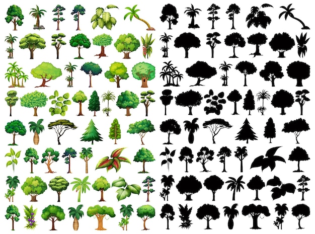 Vector gratuito conjunto de planta y árbol con su silueta.