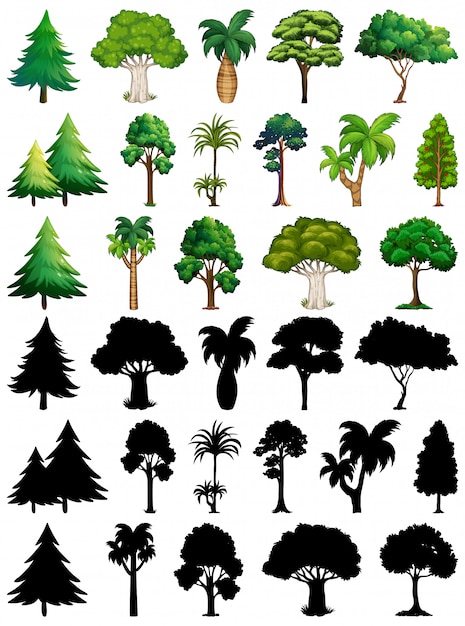 Vector gratuito conjunto de plantas y árboles con su silueta.