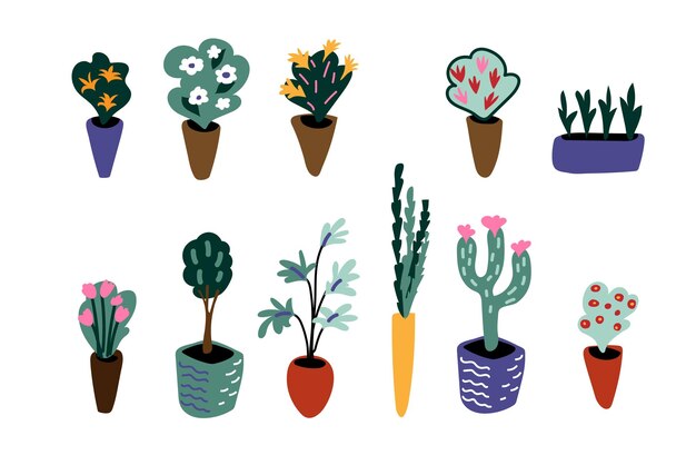 Conjunto de plantas caseras colección de diferentes flores en macetas de colores aisladas sobre fondo blanco Paquete de brotes verdes y plantas de interior decorativas