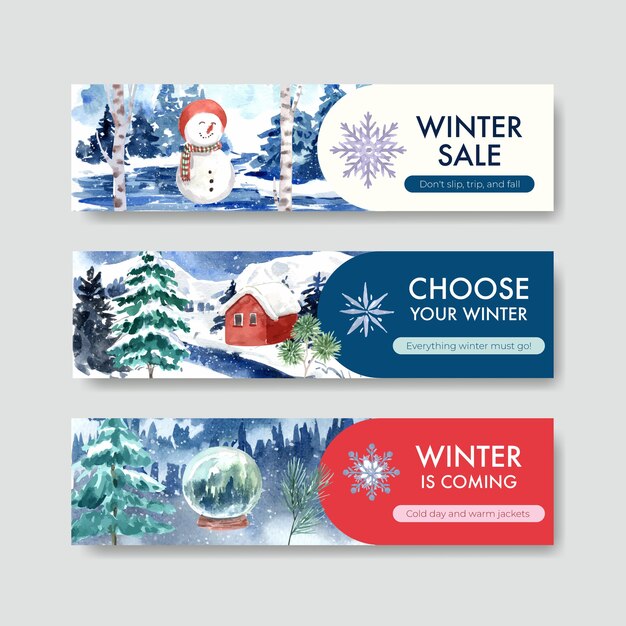 Conjunto de plantillas de banner con rebajas de invierno para publicidad en estilo acuarela