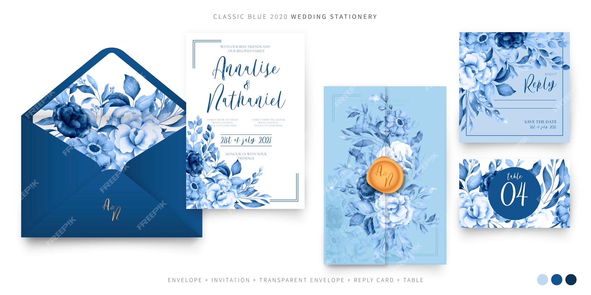 Conjunto plantillas de boda en azul Vector Gratis