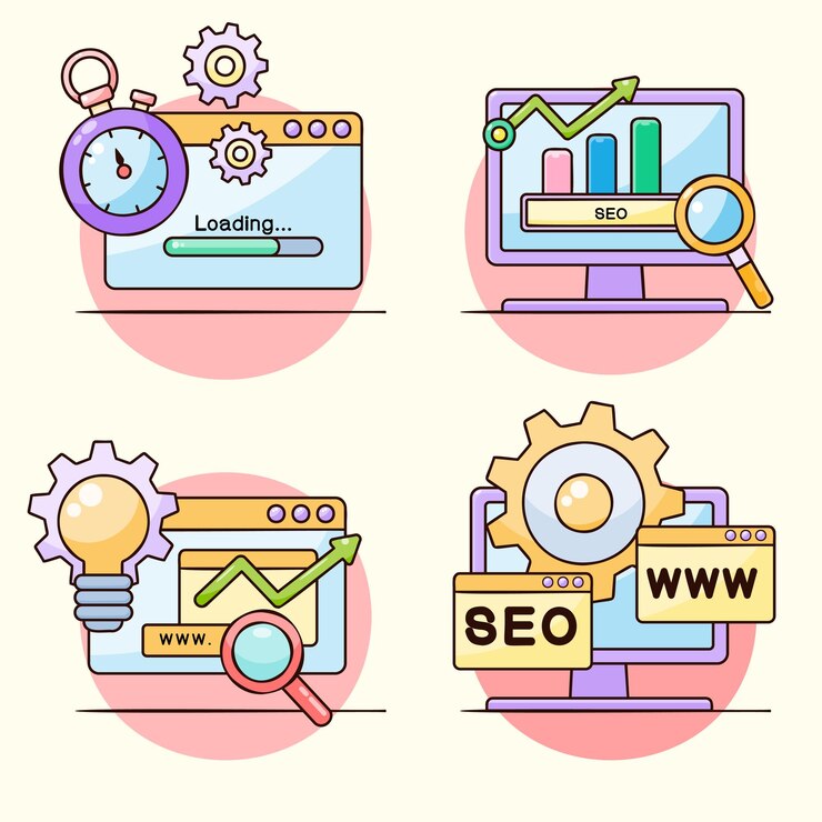 Conjunto de plantillas comerciales de diseño para estrategia y análisis de marketing digital en línea SEO