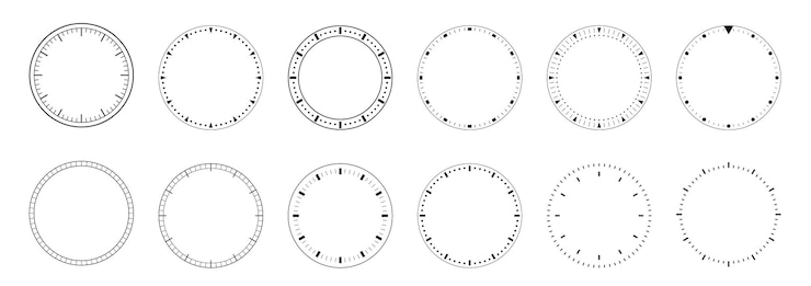 Vector gratuito conjunto de plantillas de diales de reloj círculo de medición en blanco escala aislada conjunto de plantillas de reloj clásico mecánico