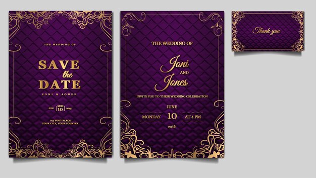 Conjunto de plantillas de diseño de papel de tarjeta de invitación de boda de lujo