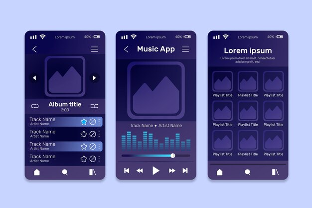 Conjunto de plantillas de interfaz de la aplicación del reproductor de música
