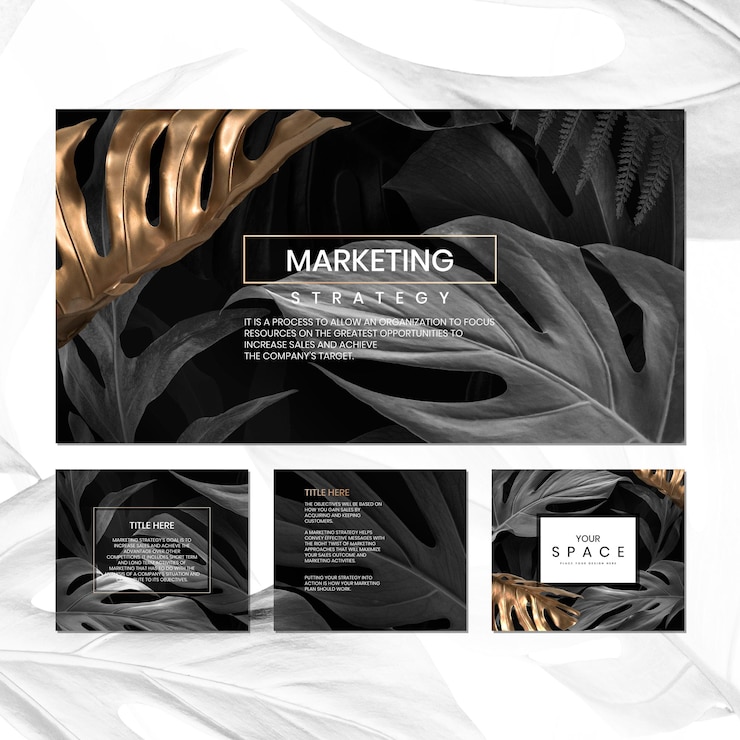 Vector gratuito conjunto de plantillas de redes sociales con estampado de hojas de monstera negro y dorado