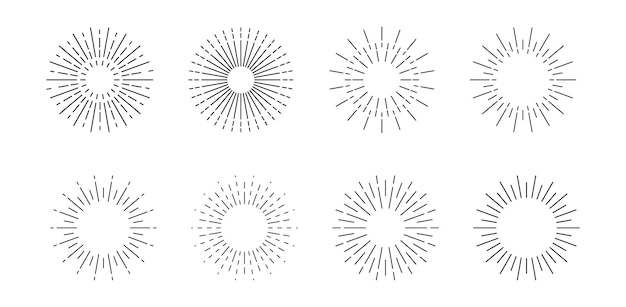 El conjunto de plantillas de Sunburst los rayos de sol estallando los fuegos artificiales