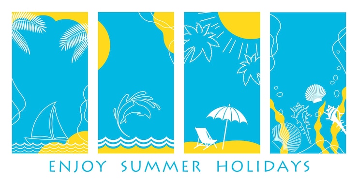 Vector gratuito conjunto de plantillas de tarjetas de felicitación de verano vectorial con playa, océano, cielo azul y espacio de texto