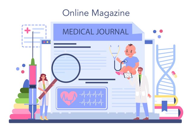 Conjunto de plataforma o servicio en línea de pediatra Médico que examina a un niño con estetoscopio Idea de salud y tratamiento médico para niños Revista en línea Ilustración de vector plano