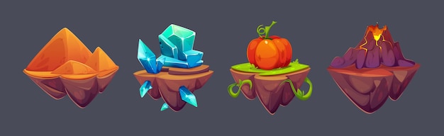 Conjunto de plataformas de islas flotantes para la interfaz de usuario de juegos, aislado sobre fondo negro. Ilustración vectorial de dibujos animados de trozos de tierra voladores con pirámides de arena, cristales de diamante, granja, calabaza, erupción volcánica