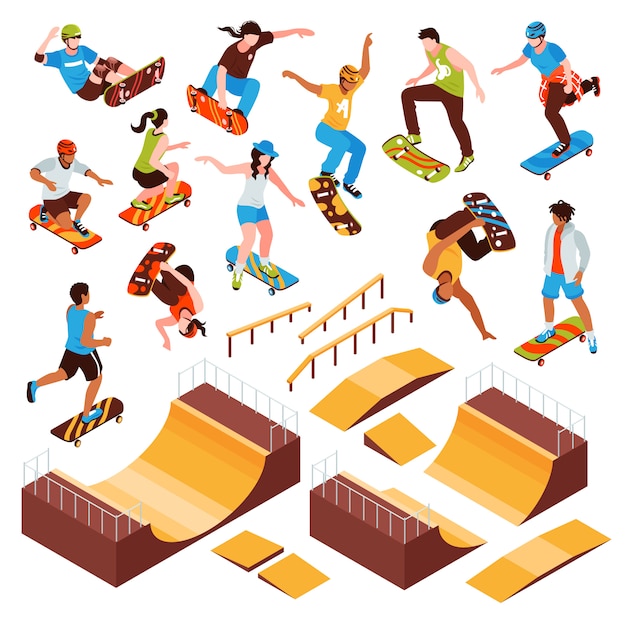 Vector gratuito conjunto de plataformas de patineta isométrica de elementos de parque de skate aislados vigas de rodillos y personajes humanos de atletas ilustración vectorial