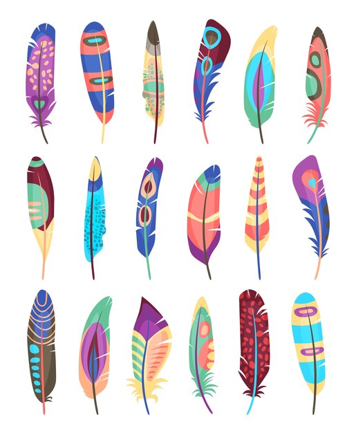 Conjunto de plumas de colores vectoriales. Plumas de pájaro pintadas con patrones de colores