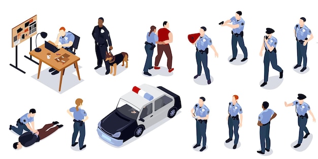 Vector gratuito conjunto de policía isométrica de iconos aislados con personajes humanos de inspectores de oficiales con ilustración de vector de coche y detective