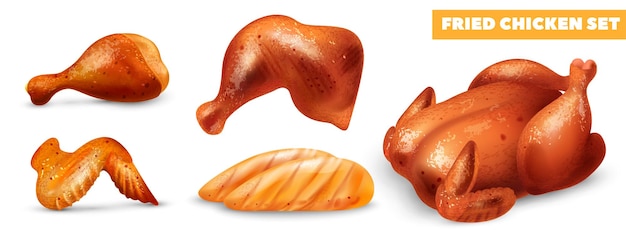 Vector gratuito conjunto de pollo frito realista con pechuga de canal asada, pierna de ala y cuarto de ilustración vectorial aislada