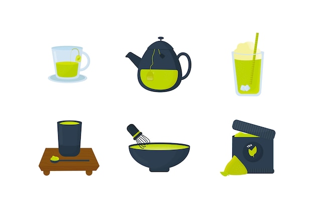 Vector gratuito conjunto de polvo de té matcha y líquido