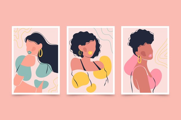 Conjunto de portadas de retratos de moda dibujados a mano