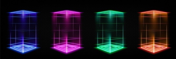 Vector gratuito conjunto de portales de hologramas cuadrados con efecto de luz de color vector ilustración realista de podios de juegos futuristas con rayos láser brillantes teletransportes de color neón aislados sobre fondo transparente