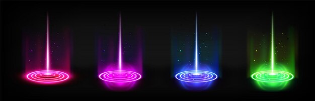 Conjunto de portales de hologramas redondos con efecto de luz de color Vector ilustración realista de podios de juegos futuristas con rayos láser brillantes teletransportes de color neón aislados en fondo transparente