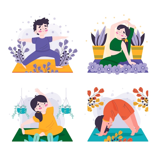 Conjunto de poses del día internacional del yoga dibujado a mano