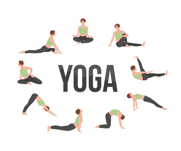 Conjunto de poses de maestro de yoga femenino Mujer niña practicando diferentes elementos de asana