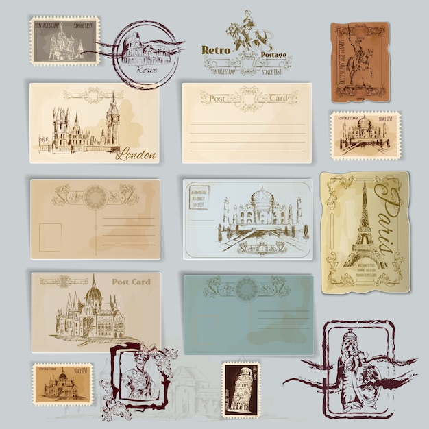 Vector gratuito conjunto de postales vintage