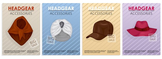 Conjunto de póster de sombreros con cuatro composiciones verticales de texto editable e imágenes de varias ilustraciones de vectores de sombreros de diseño