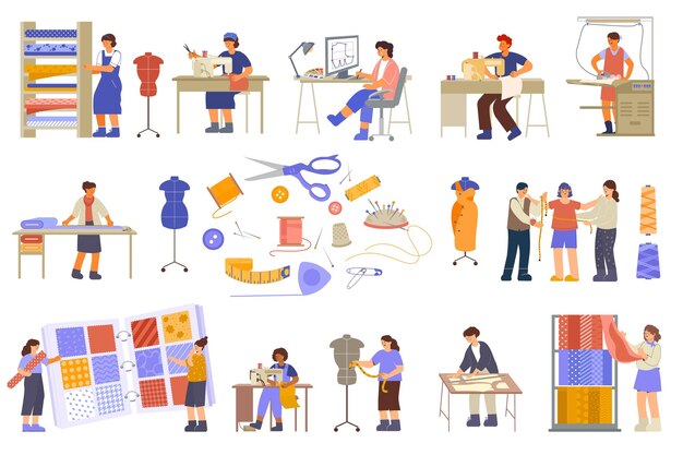 Conjunto de prendas de fábrica de ropa con iconos planos aislados de instrumentos de sastrería con tela y personajes humanos ilustración vectorial