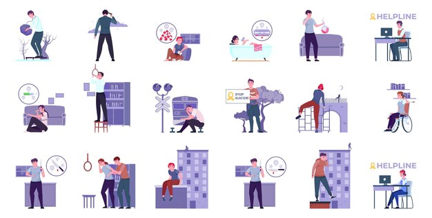 Conjunto de prevención del suicidio con composiciones planas aisladas de íconos de la línea de ayuda y personajes humanos que previenen la ilustración vectorial autoasesina