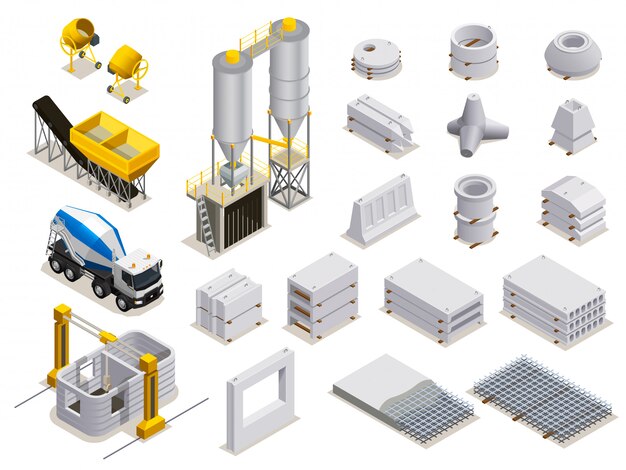 Conjunto de producción de hormigón de iconos isométricos con transporte de equipos de fabricación y detalles de piedra terminados aislados