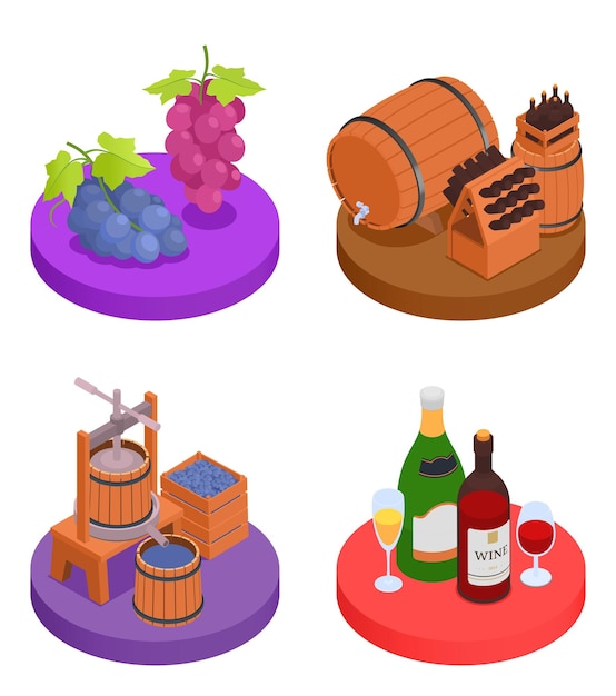 Conjunto de producción de vino isométrica 2x2 con estantes de barriles de madera trituradora de racimos de uvas y botellas 3d ilustración vectorial aislada