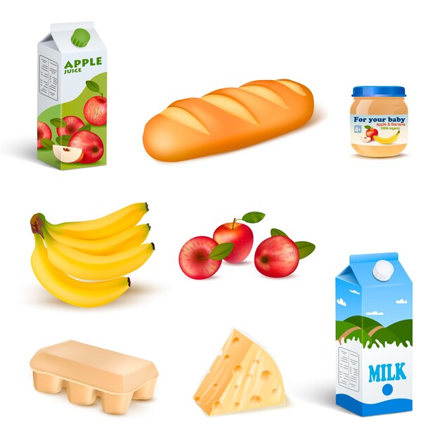 Conjunto de productos aislados de alimentos de supermercado