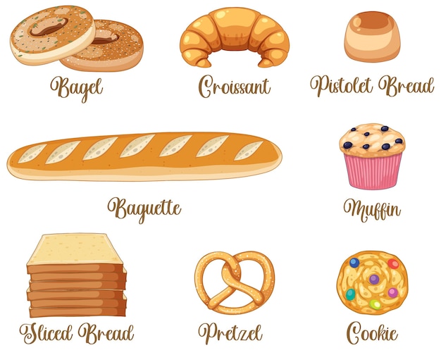 Conjunto de productos de panadería de pan y pastelería.