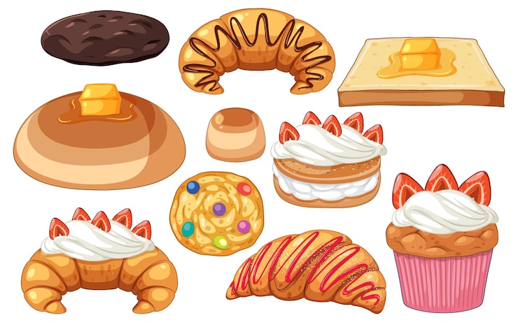 Vector gratuito conjunto de productos de panadería de pan y pastelería.