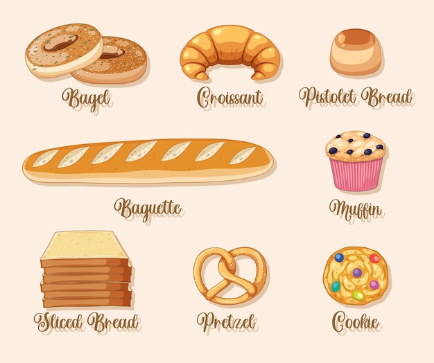 Conjunto de productos de panadería de pan y pastelería.
