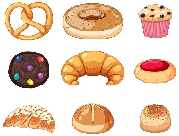 Conjunto de productos de panadería de pan y pastelería.