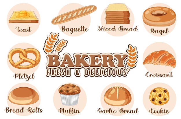 Vector gratuito conjunto de productos de panadería de pan y pastelería.