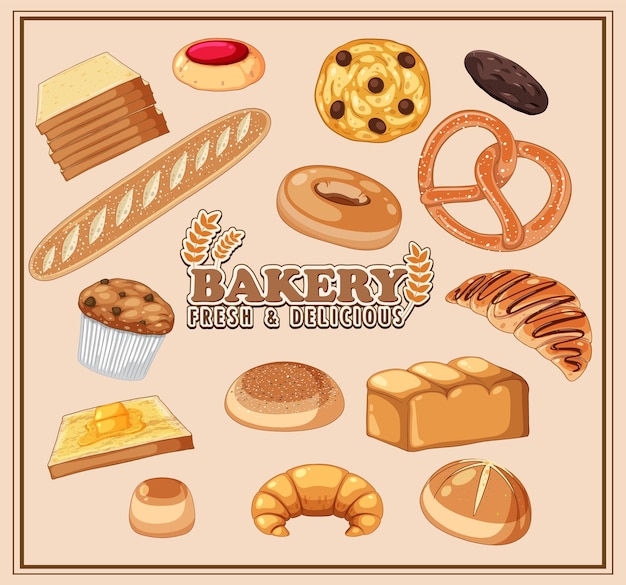 Conjunto de productos de panadería de pan y pastelería.