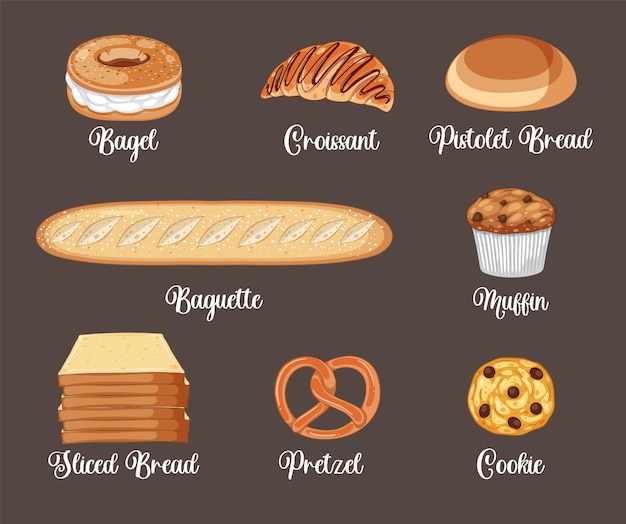 Conjunto de productos de panadería de pan y pastelería.