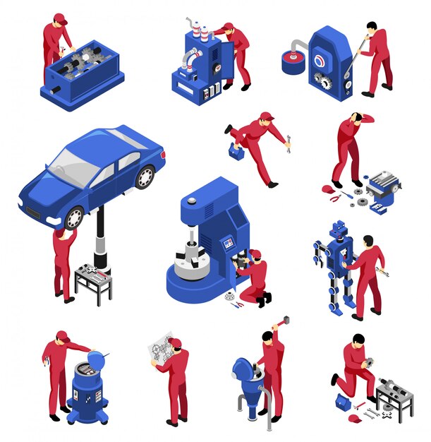 Conjunto profesional mecánico isométrico de dispositivos de maquinaria aislada, equipos especiales para reparación de automóviles con trabajadores