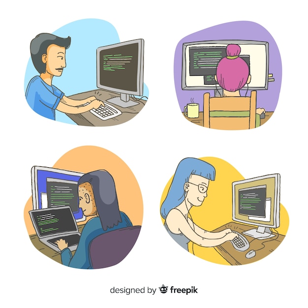 Conjunto de programadores ilustrados trabajando