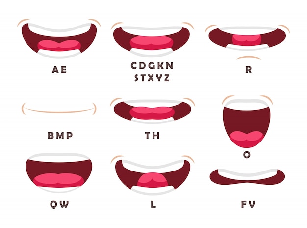 Conjunto de pronunciación de letras del alfabeto inglés. Ilustraciones vectoriales de boca humana con dientes hablando de vocales y consonantes. Movimiento de caricatura de la boca haciendo sonidos aislados en blanco. Concepto de educación.