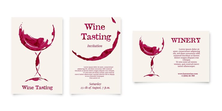Conjunto de pruebas de vino y tarjeta de bodega en forma de diseño gráfico de mancha de botella de copa de vino con textura grunge acuarela