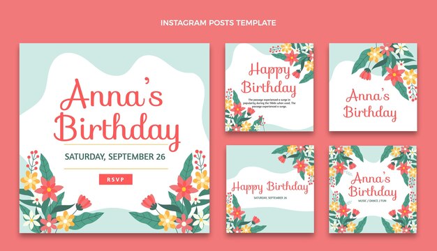 Vector gratuito conjunto de publicaciones de ig de cumpleaños mínimo plano