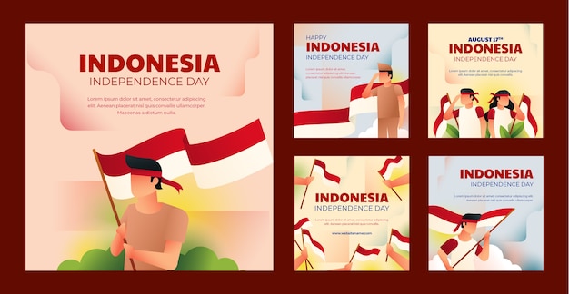 Vector gratuito conjunto de publicaciones de ig del día de la independencia de indonesia degradado