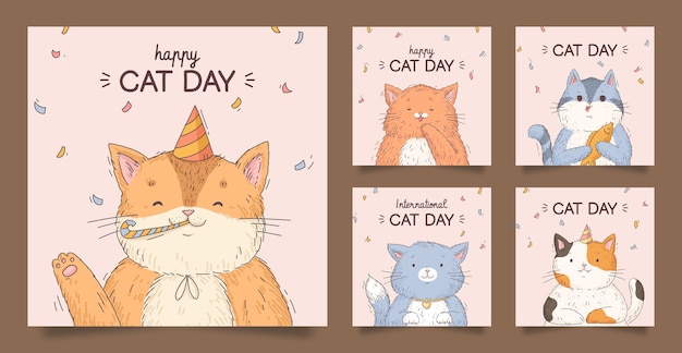 Vector gratuito conjunto de publicaciones de ig del día internacional del gato dibujado a mano