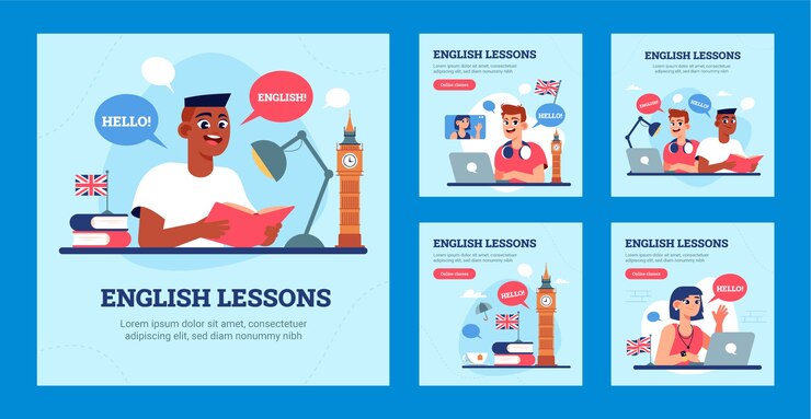 Vector gratuito conjunto de publicaciones de ig planas dibujadas a mano de lecciones de inglés
