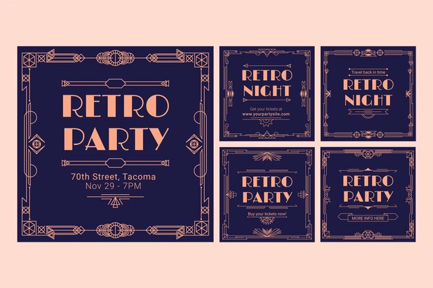 Vector gratuito conjunto de publicaciones de instagram art deco de diseño plano