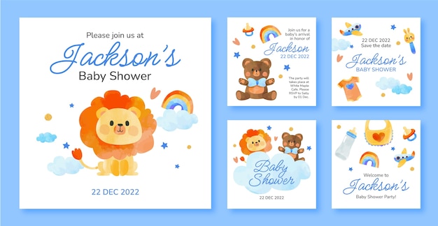 Vector gratuito conjunto de publicaciones de instagram de baby shower en acuarela